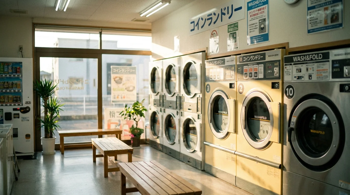 自然光の差し込む清潔なコインランドリーの店内