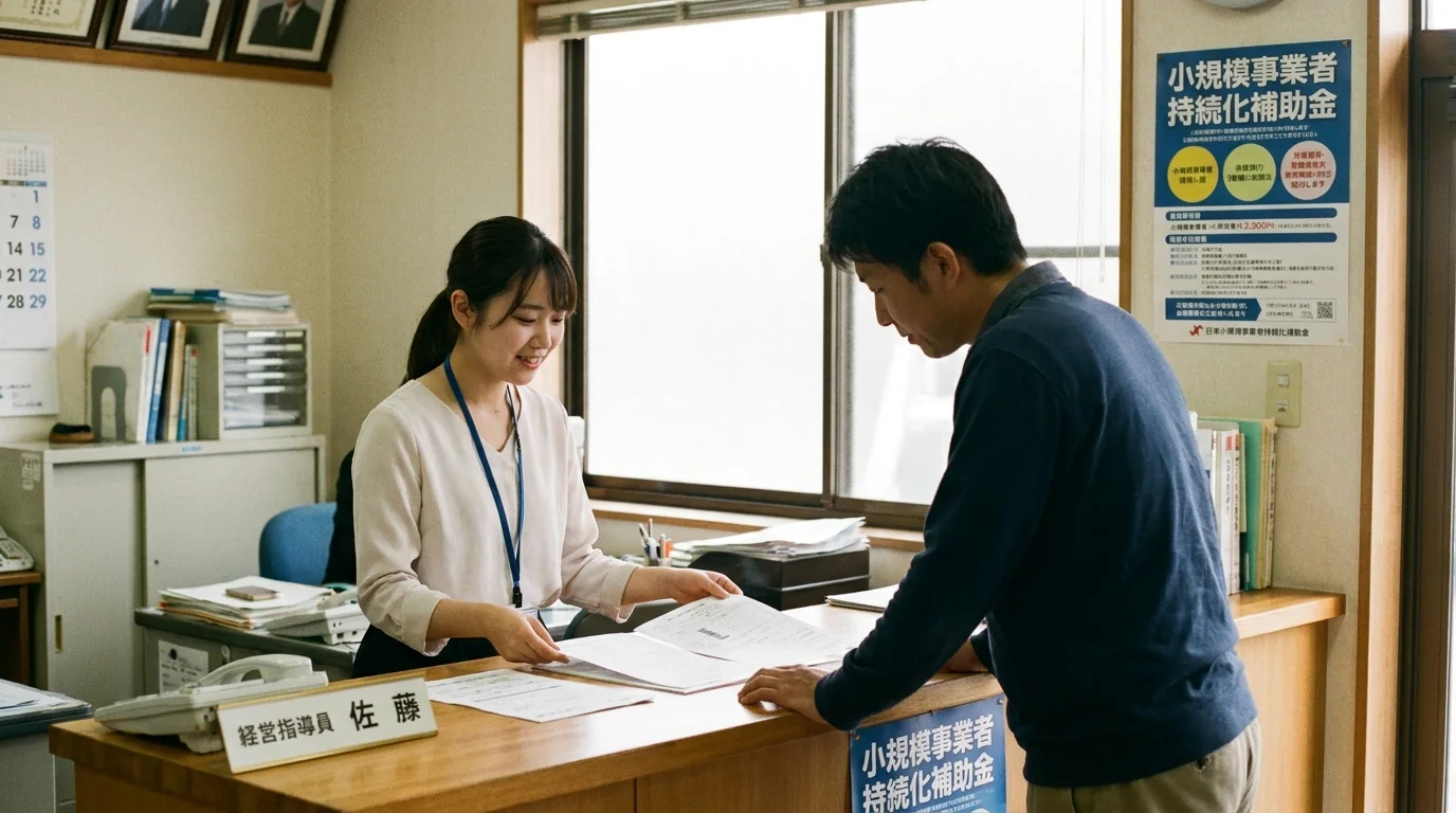 相談窓口で申請書類の説明を受ける経営者の実写イメージ