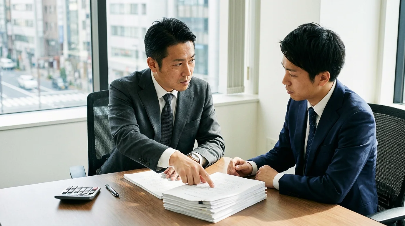 会議室で契約書類の束を挟んで面談する2人のビジネスパーソン