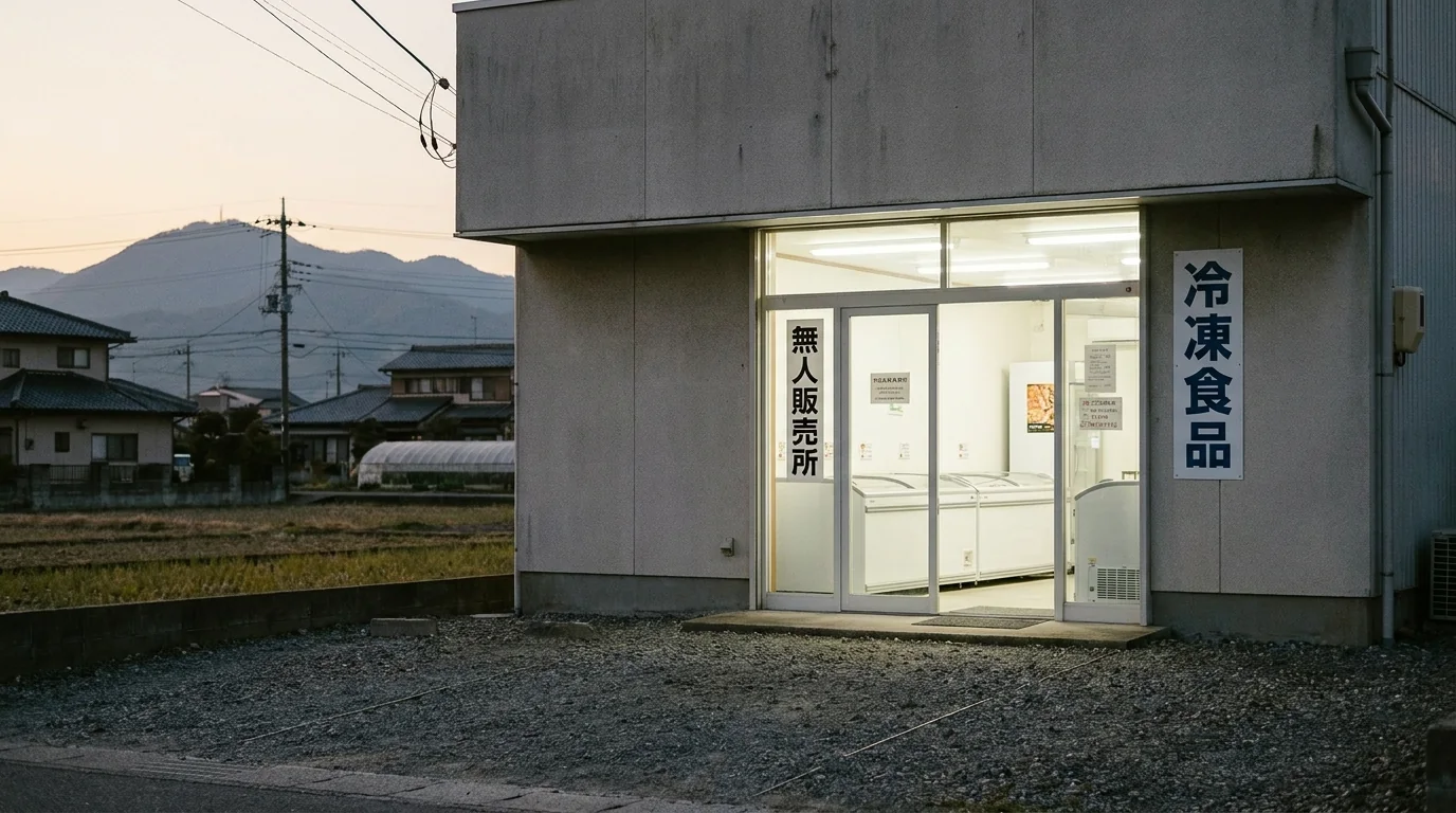 夕暮れの道路沿いに立つ無人販売店舗の外観。ガラス張りの店内に冷凍ストッカーが並ぶ