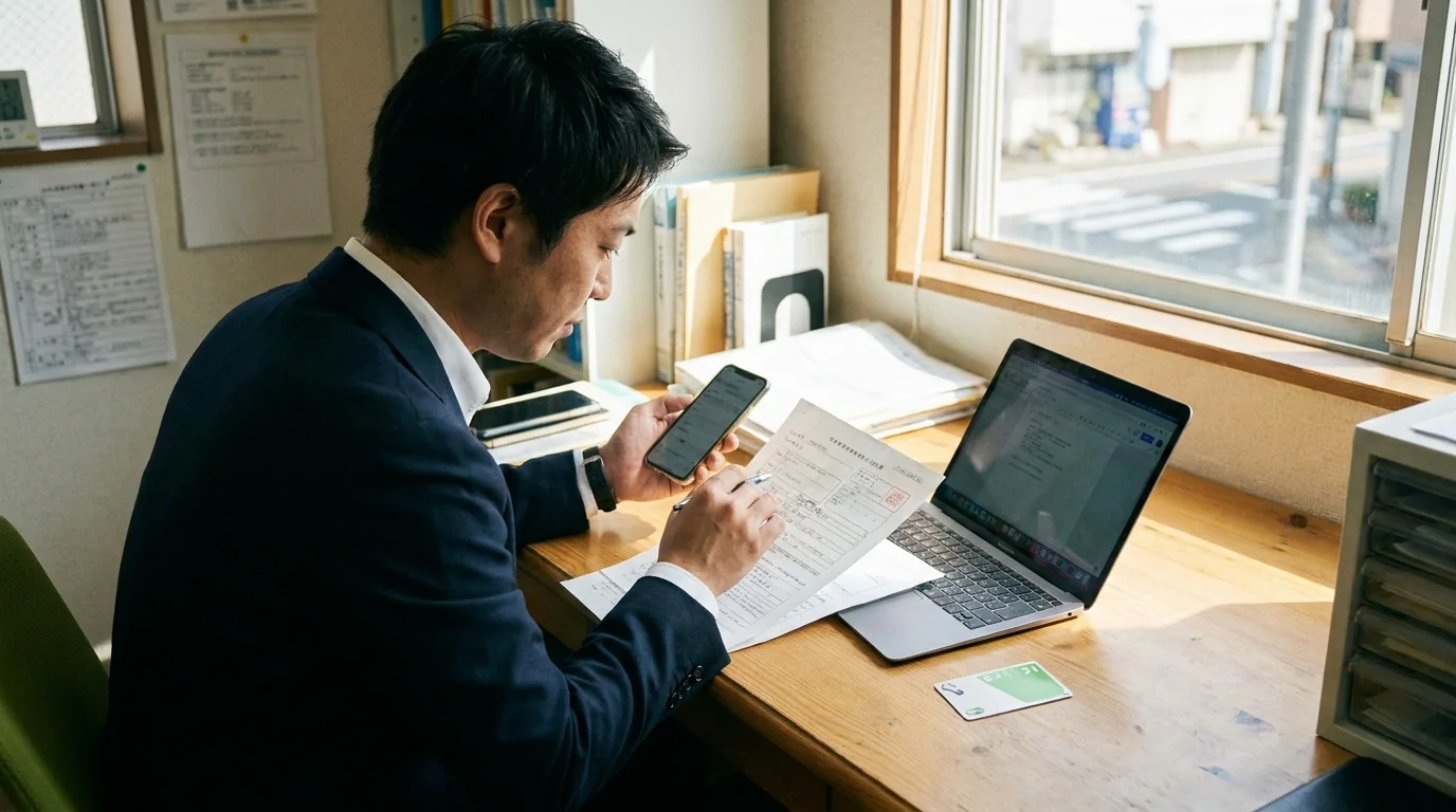 パソコンの前でスマートフォンを手に手続きを進める事業主のイメージ