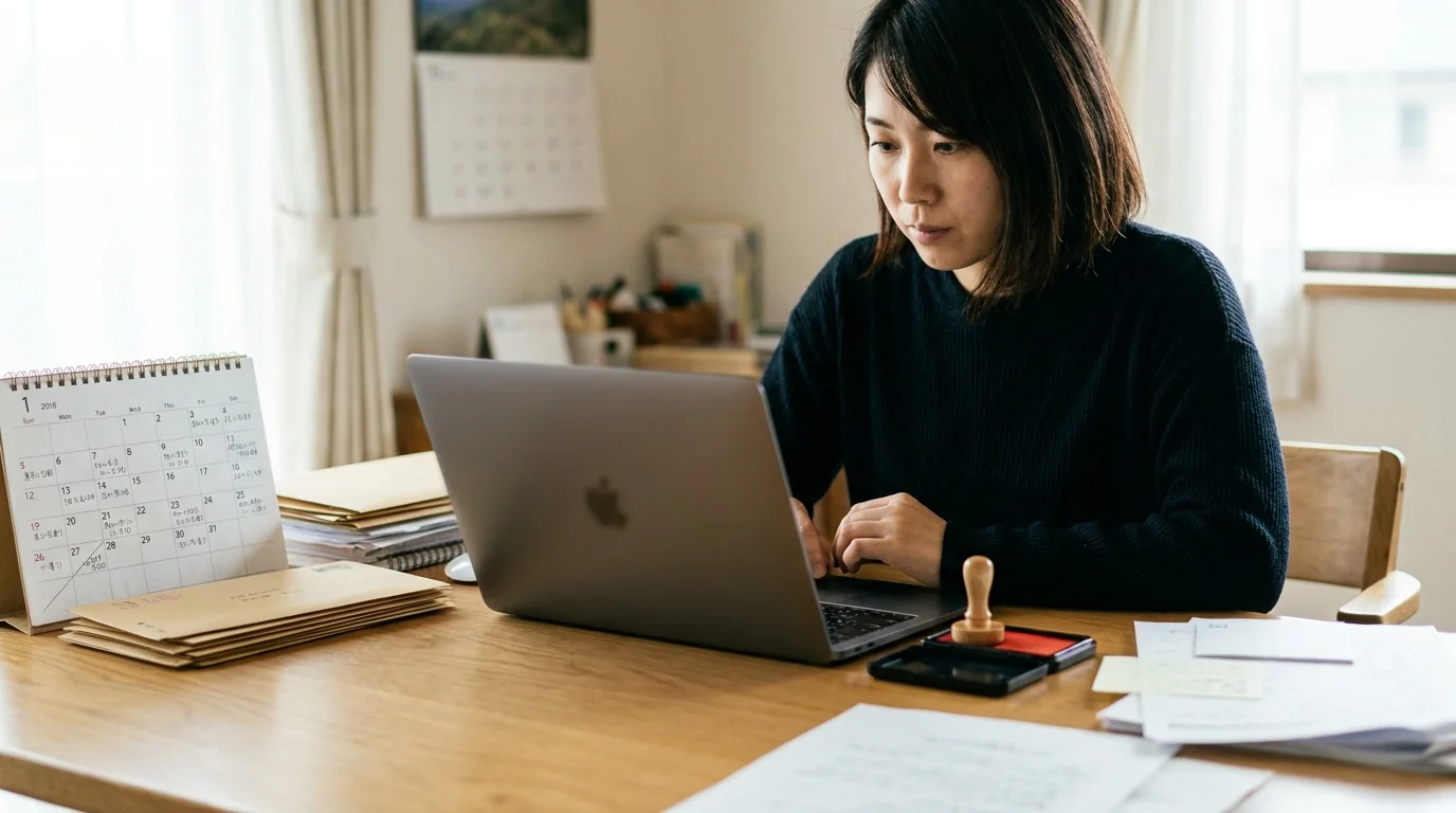 デスクでカレンダーと書類を確認しながら申請準備をする様子