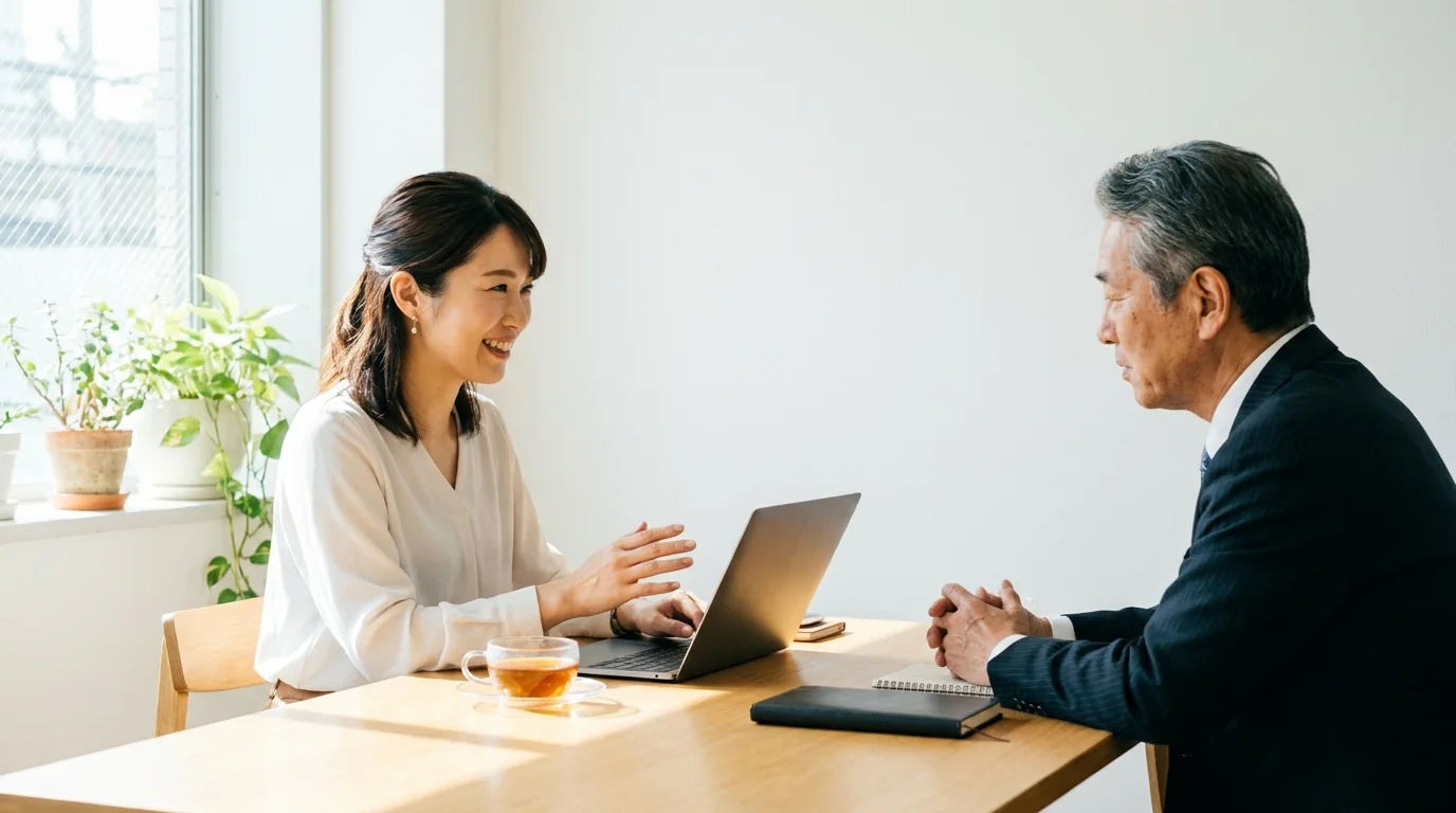 開業相談の窓口で相談員と打ち合わせをする開業準備中の女性
