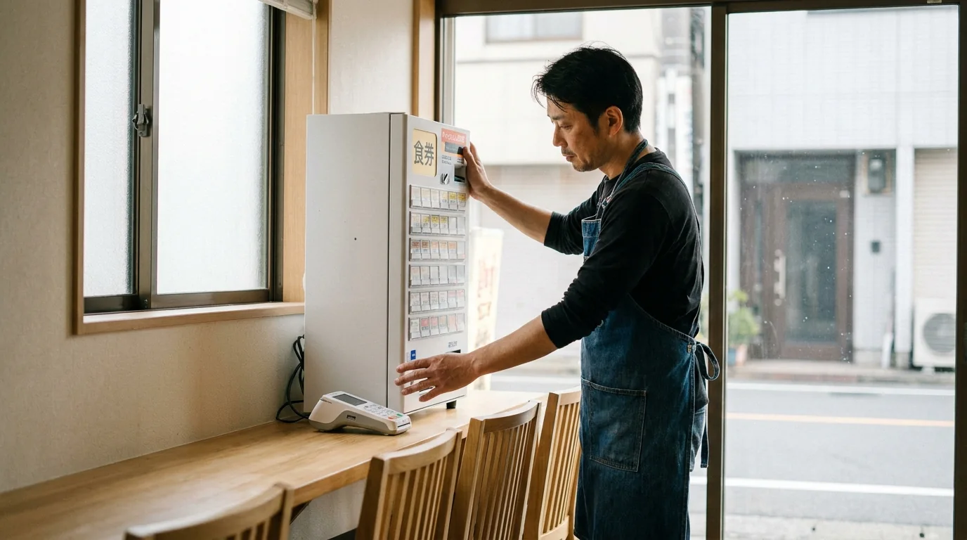 開業準備中の飲食店で券売機とキャッシュレス端末を設置する店主