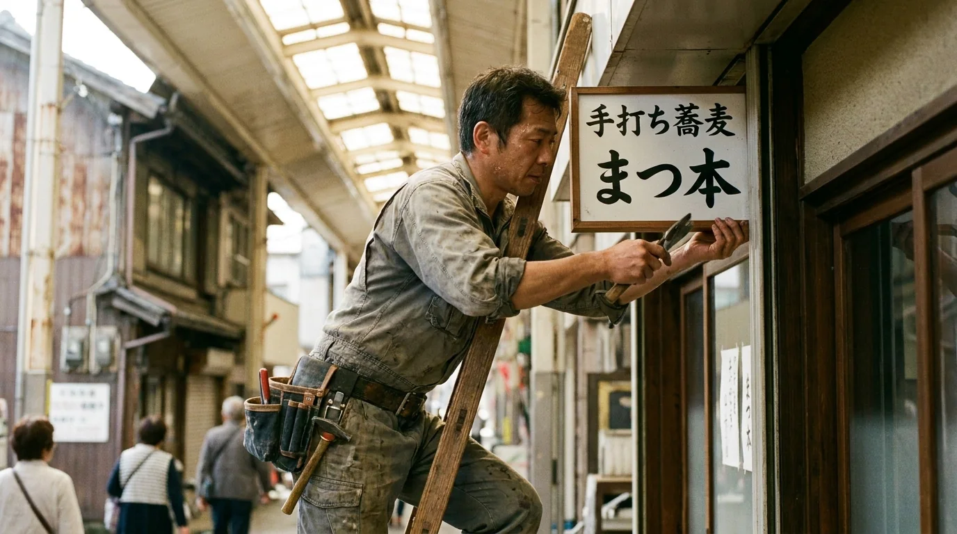 店舗の看板を取り付ける職人の実写イメージ