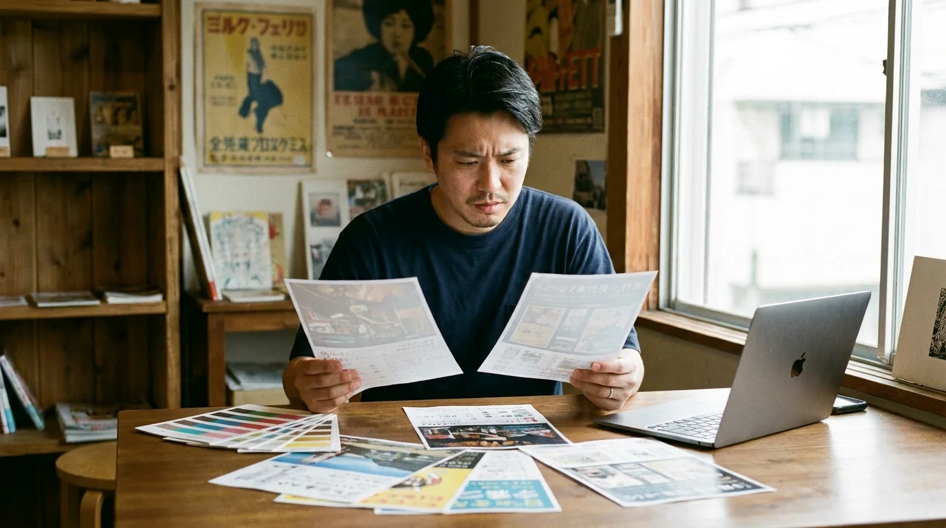 チラシのデザインを確認する店主の実写イメージ