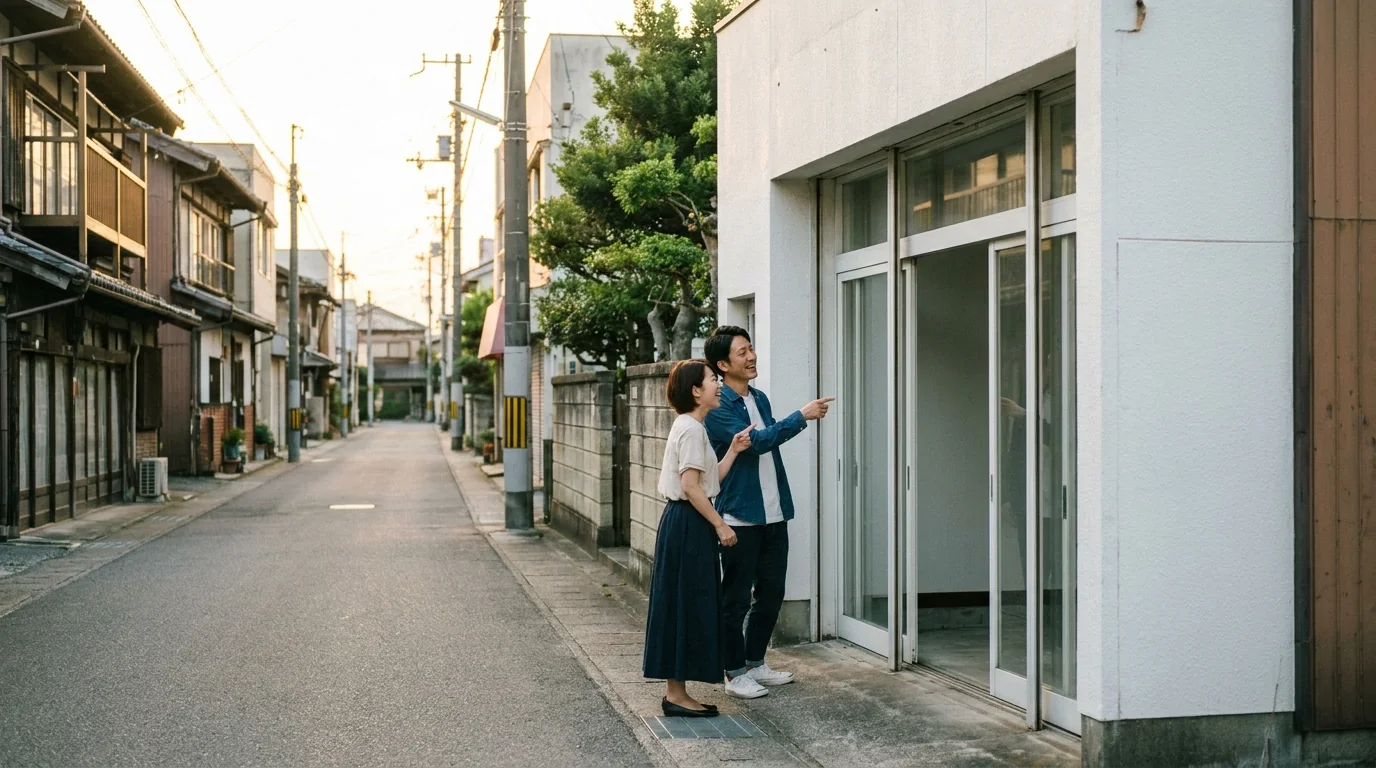 開業予定の空き店舗を外から眺めて構想を話し合う夫婦