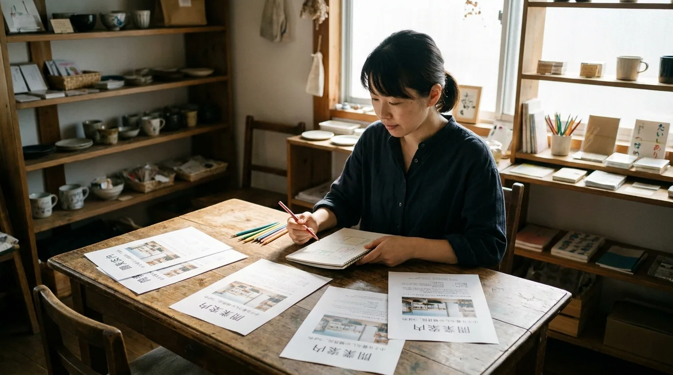 開業チラシの準備をする小さな店の店主の写真