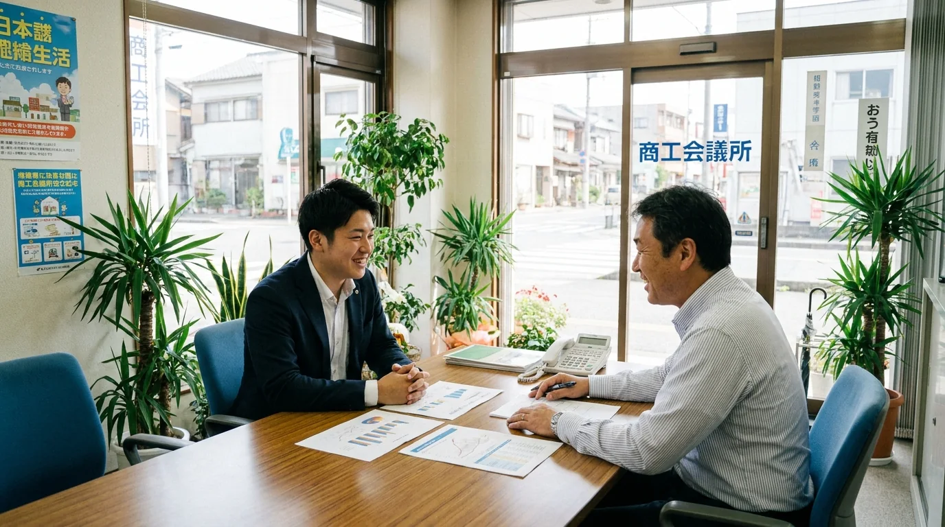 商工会議所の窓口で事業計画を相談する事業主の写真