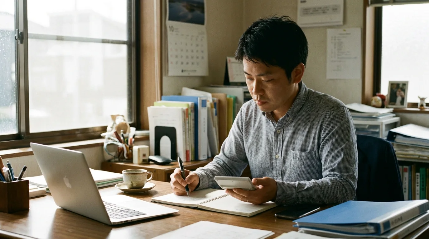 電卓と資料を使って事業の数字を検討している手元