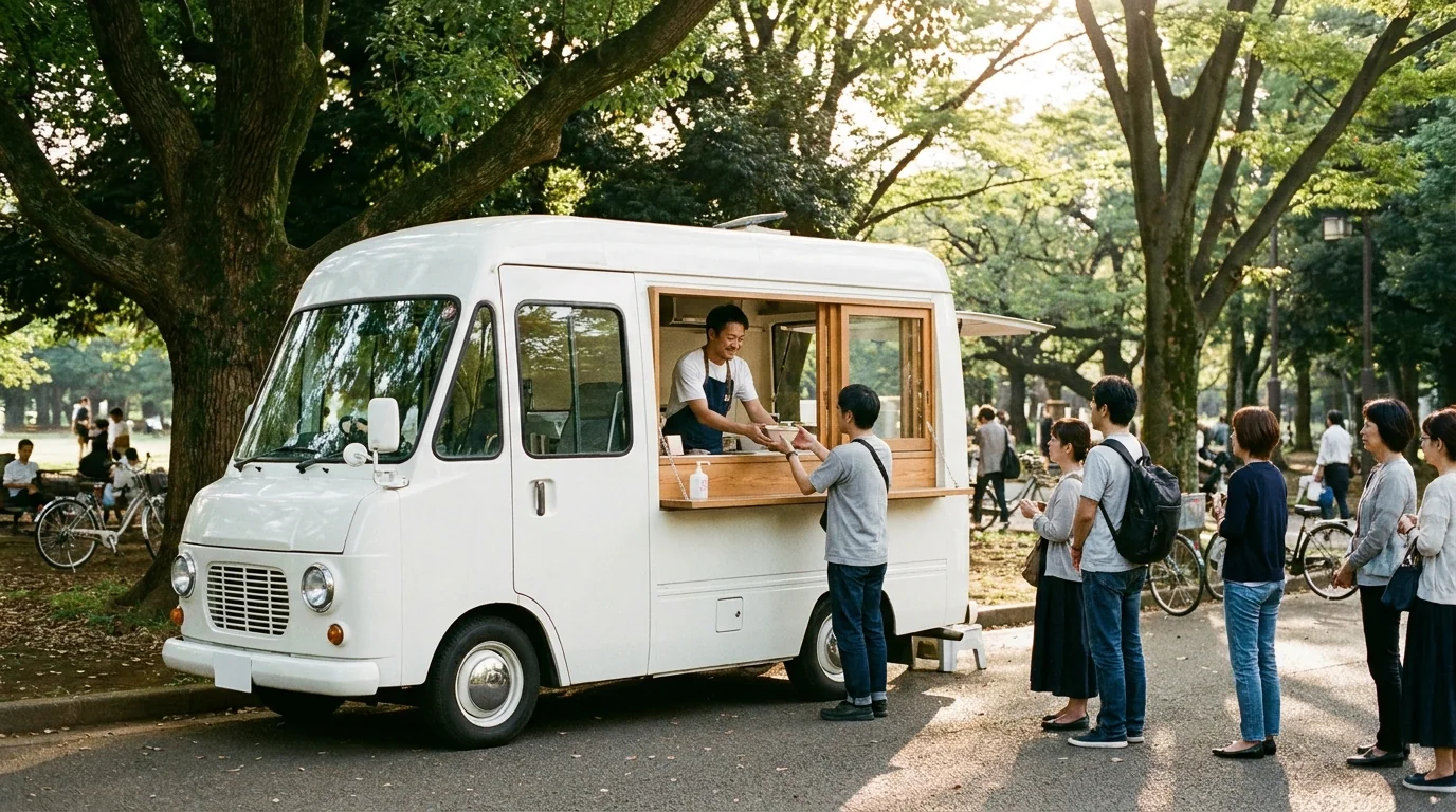 公園で営業するキッチンカーと行列の実写イメージ