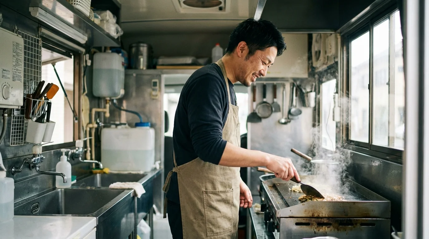 キッチンカーの車内で調理する店主の実写イメージ