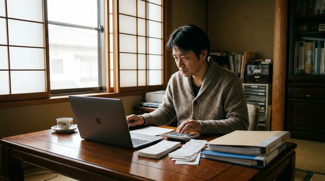 自宅の作業机で確定申告書類とノートパソコンを前に帳簿を整理する個人事業主