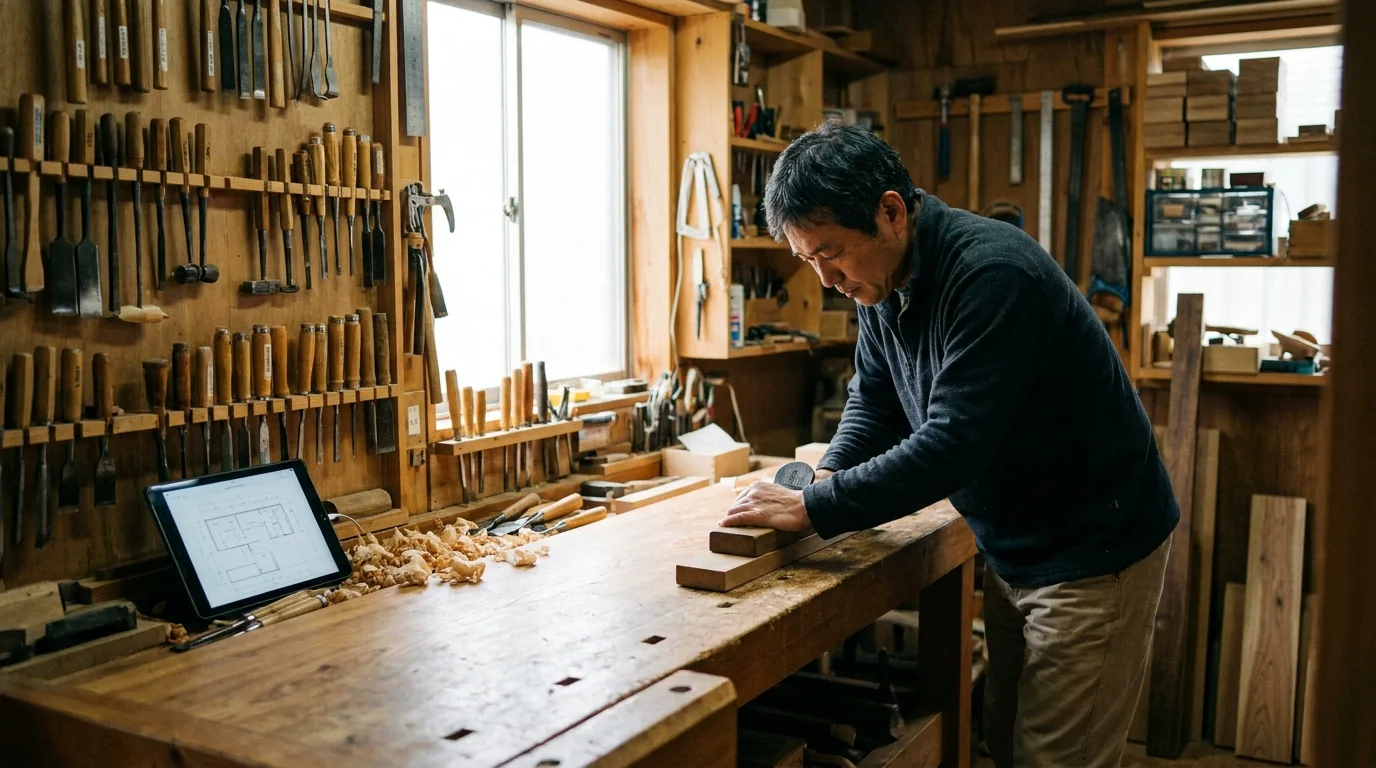 小さな工房で木材を加工しながらタブレットで受注を確認する職人