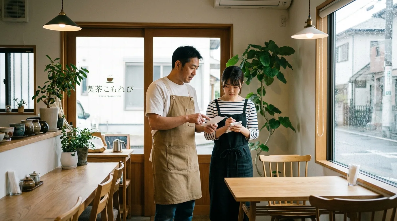新人スタッフにレジカウンターで仕事を教える店主