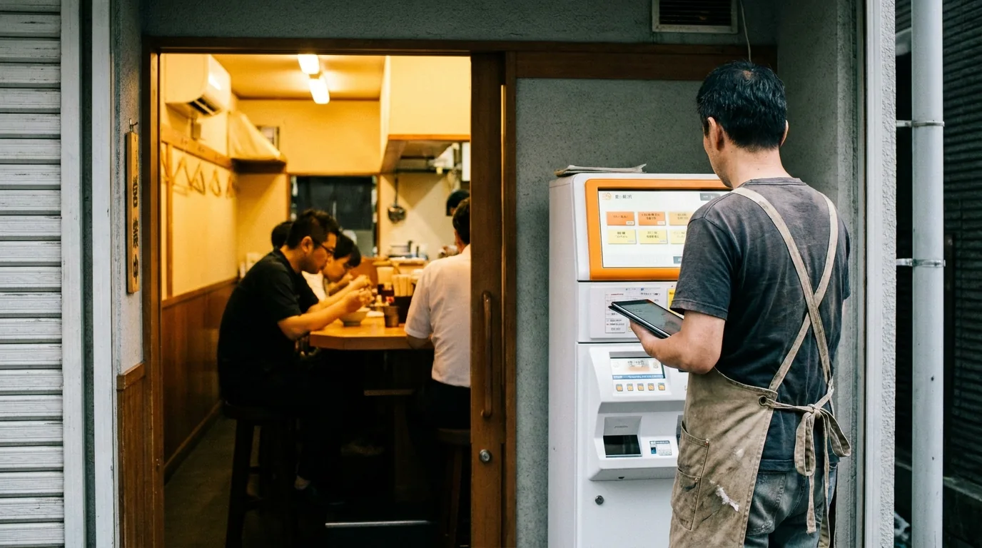 新しく設置した券売機を設定する店主