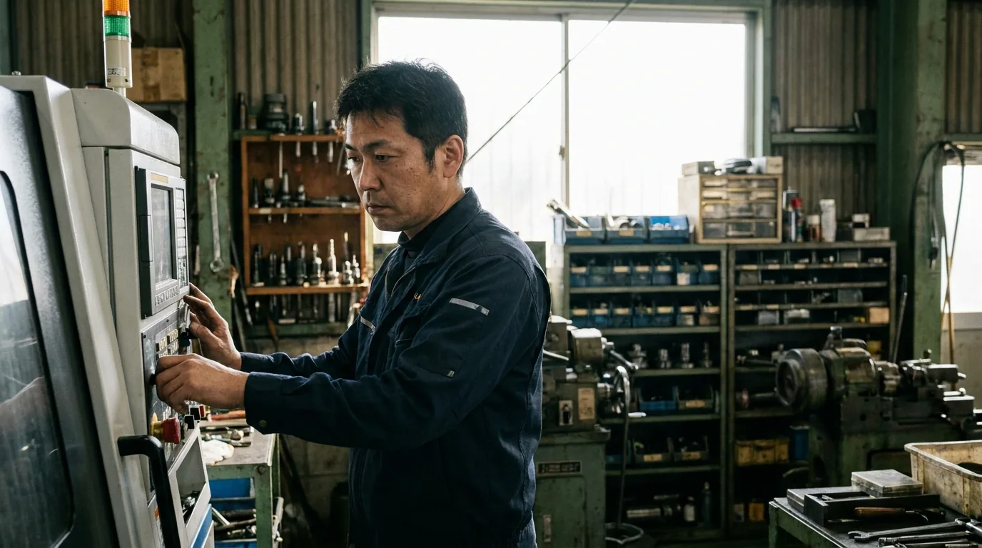 新しく導入した工作機械を操作する町工場の職人