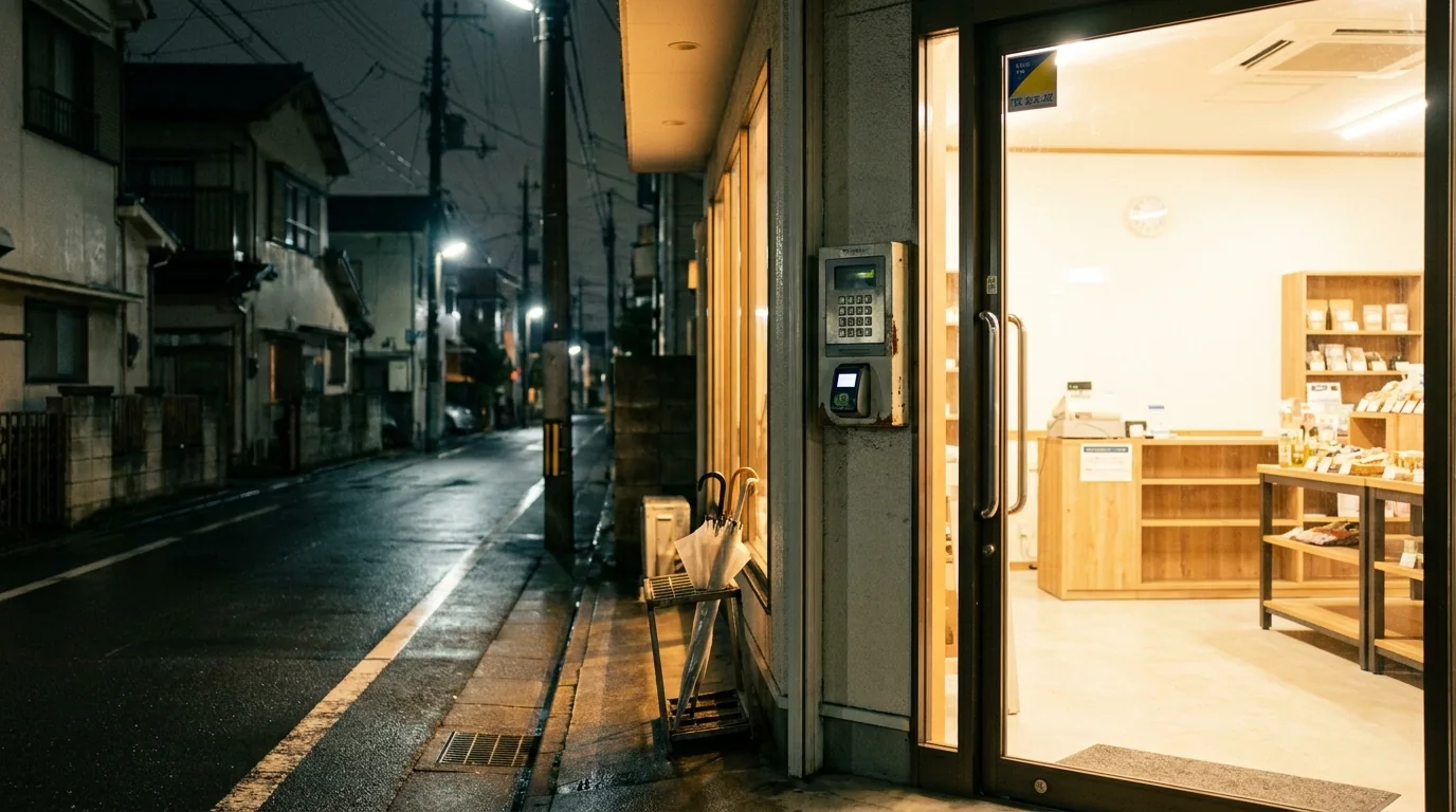 夜間も営業する無人店舗の入口の実写イメージ