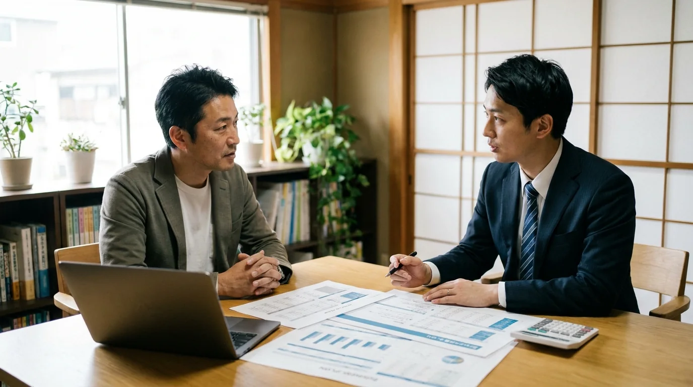 事務所で事業計画書を挟んで相談する事業者と支援者