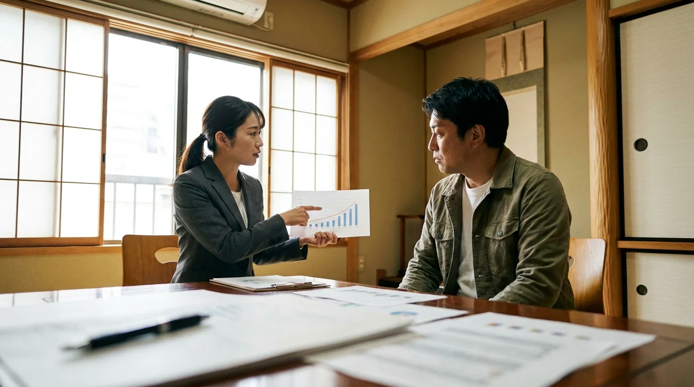 面談で資料を確認しながら説明を受ける様子