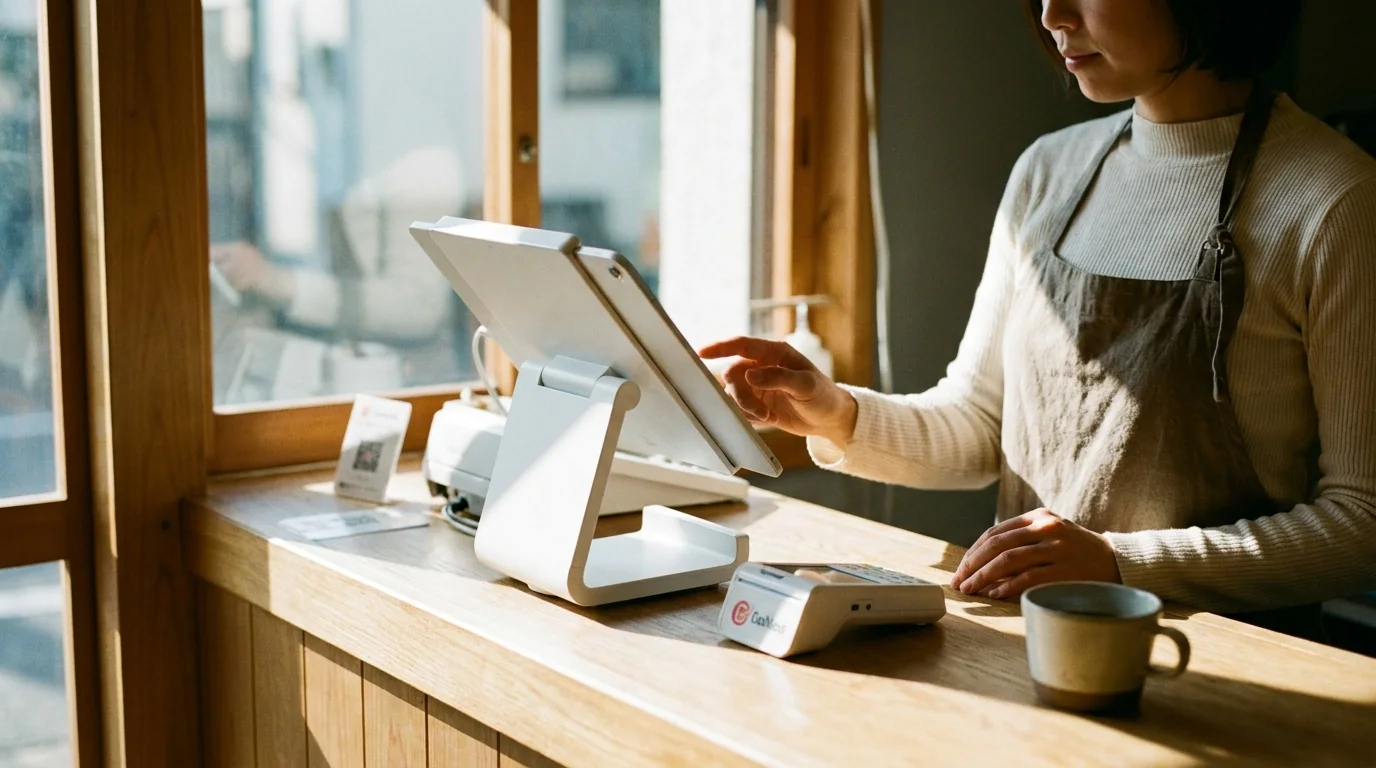 カフェのカウンターでタブレット型レジを操作する店主