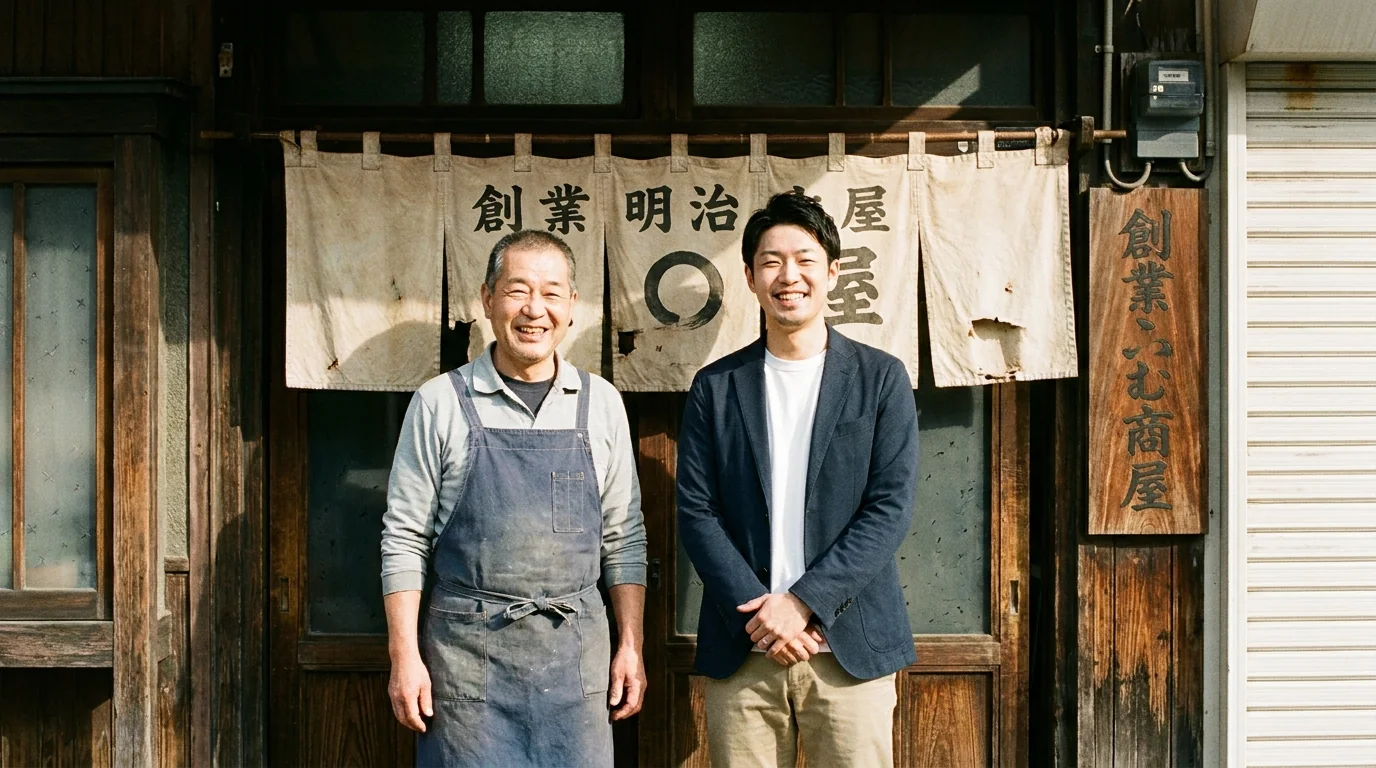 老舗店舗の前に並ぶ先代店主と若い後継者
