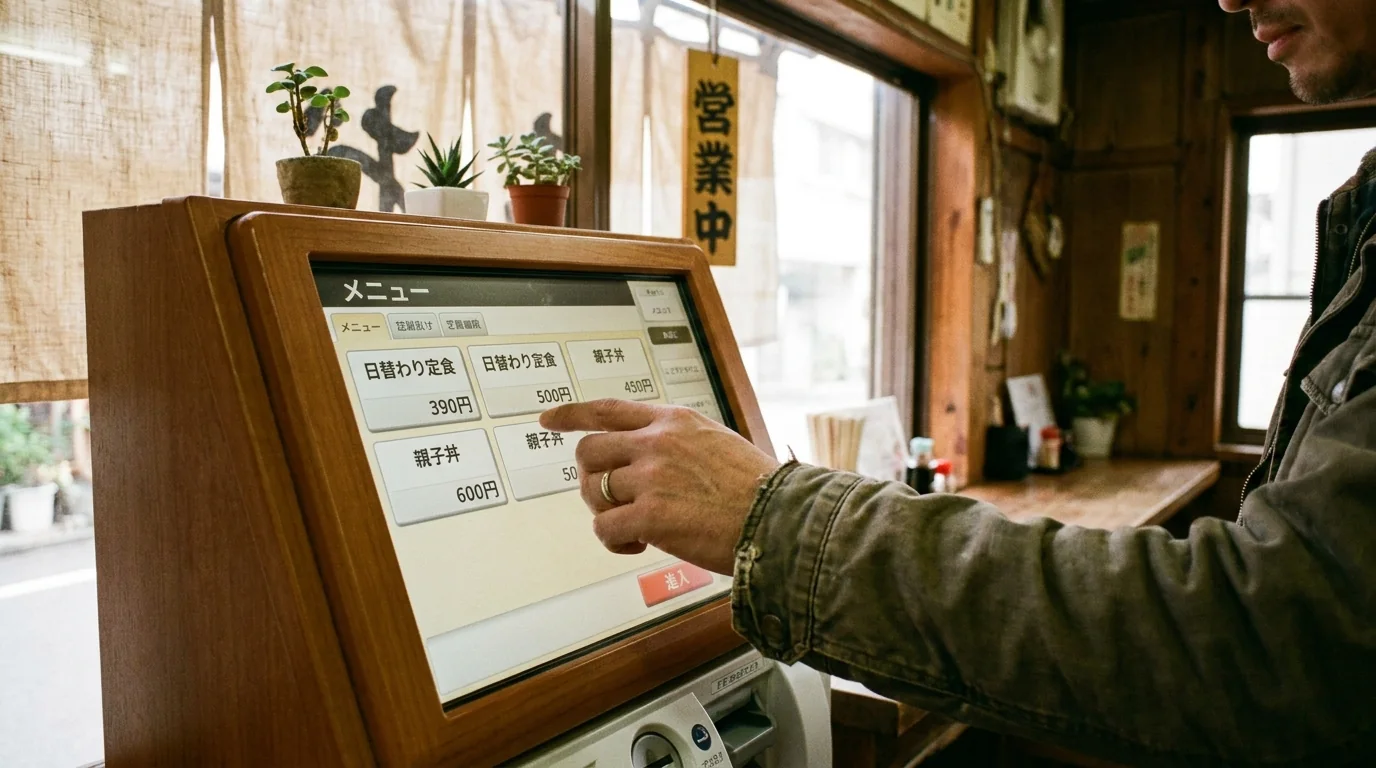 飲食店の入口で客がタッチパネル式券売機を操作している様子