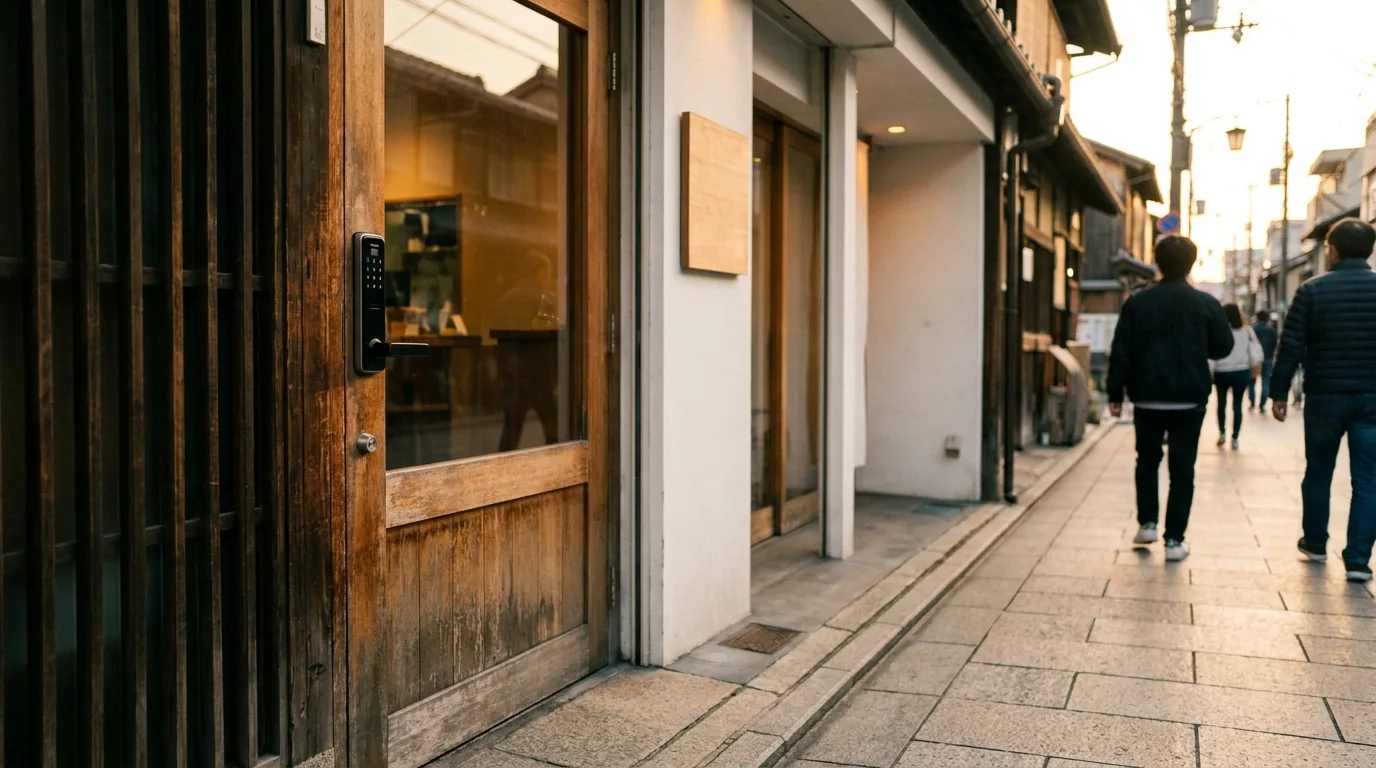 店舗入口のドアに設置されたテンキー式スマートロック