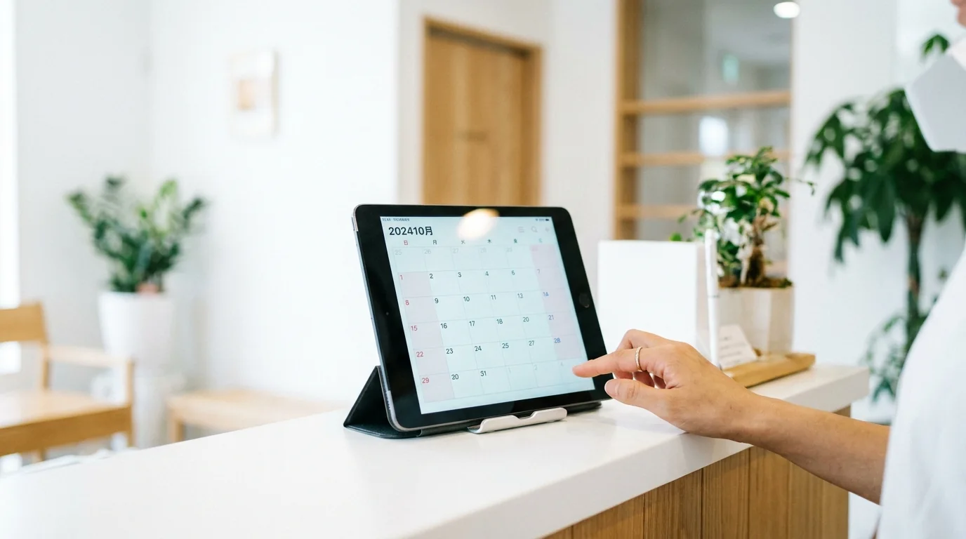 タブレットの予約カレンダーを操作する手元