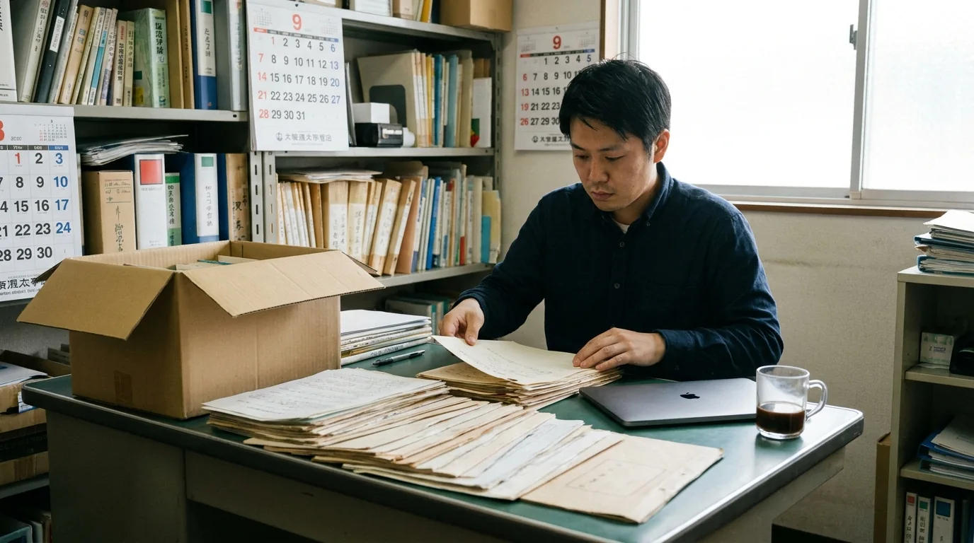 机いっぱいに広げた書類を仕分けして整理する事業主