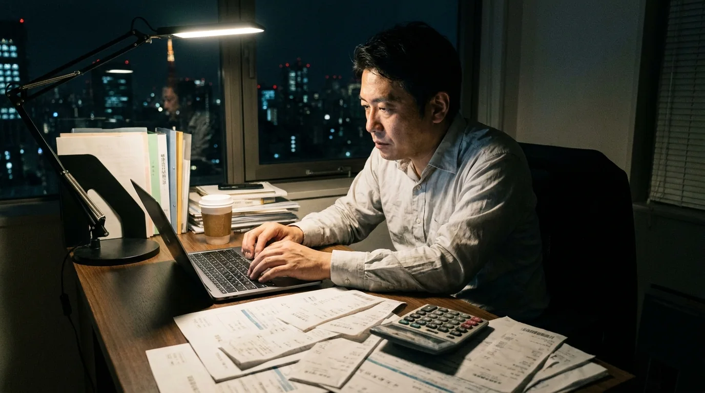 夜遅くまで書類仕事をする経営者のイメージ