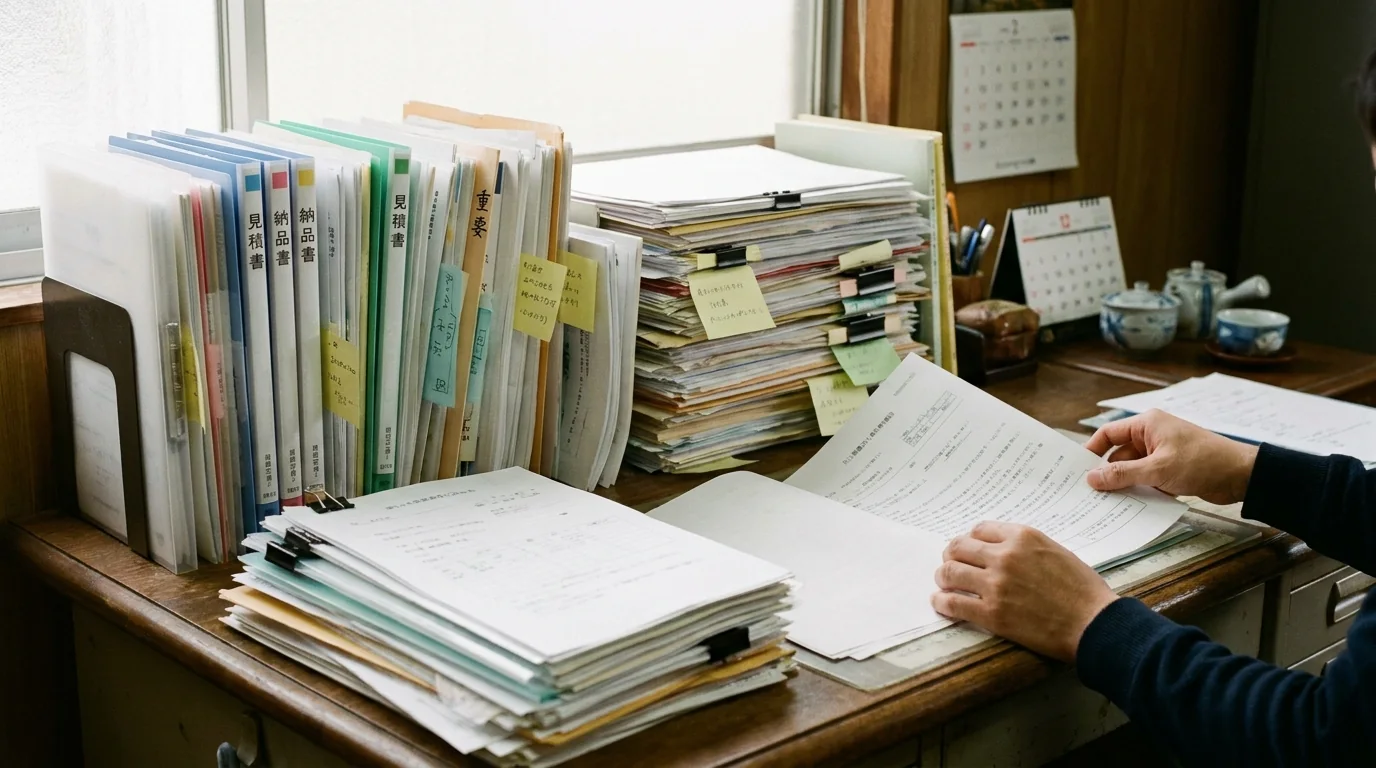 机に積み上がった申請書類のファイルのイメージ