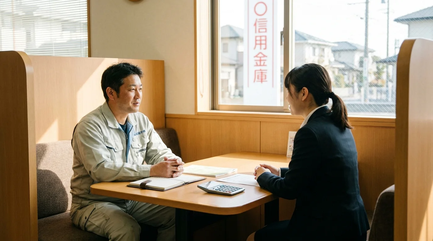 信用金庫の相談窓口で融資の相談をする経営者